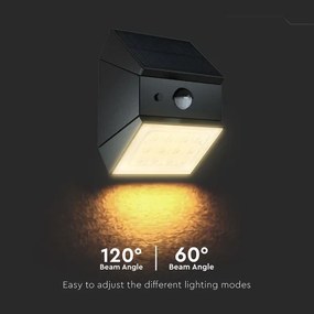 Aplică solară de perete cu senzor, LED 2,5 W / 3,7 V, IP65, 1200 mAh, negru