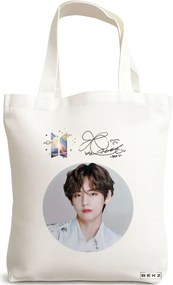 Sacosa de Panza pentru Cumparaturi, Geanta Tote, model BTS V cu semnatura, 38x34.5 cm, Alba, BEKZ®