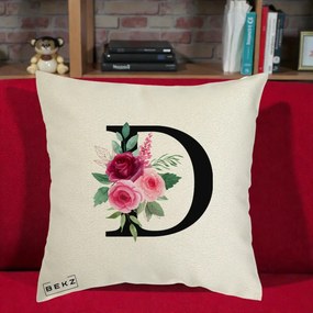 Cadou Personalizat - Perna Personalizata Monograma Florala Litera D, 40x40 cm, Ecru, Husa Detasabila, Perna Inclusa, BEKZ®