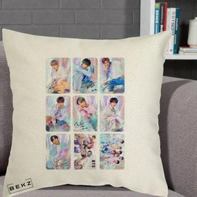 Perna Personalizata K-pop BTS Colaj 9 Fotografii Autografe Individual, 40x40 cm, Ecru, Husa Detasabila, Perna Inclusa, BEKZ®