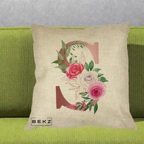 Cadou Personalizat - Perna Personalizata Monograma Rose Gold Litera S, 40x40 cm, Crem, Husa Detasabila, Perna Inclusa, BEKZ®