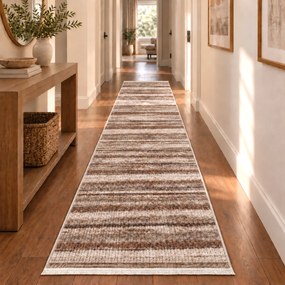 Traversă hol antiderapantă, 80x300 cm, Welsoft, model dungi, maro-bej, TRV4252