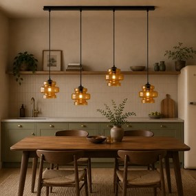 Lampă suspendată retro neagră cu sticlă portocalie cu 4 lumini - Denise