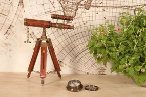 Telescop decorativ din alamă și lemn, maro, aspect vintage, cu trepied reglabil și capac pe lanț, finisaj antichizat, 41 x 26 x 24 cm, „Galilée”