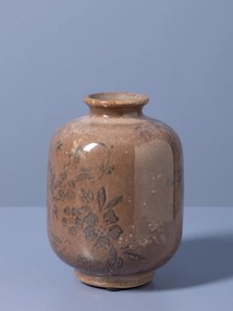 Vază din ceramică artizanală roz cu motive florale, formă rotundă, finisaj lucios, 10,5×15 cm, „Rosaire"
