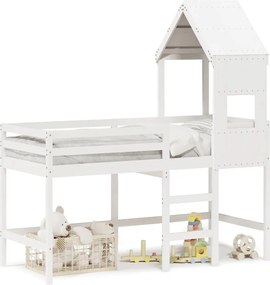 vidaXL Pat etajat cu scară și acoperiș, alb, 90x190 cm, lemn masiv pin