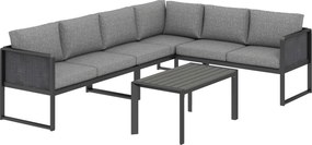 Outsunny Set canapea colțar de grădină din metal, 3 fotolii, măsuță cu efect lemn, gri închis | Aosom Romania