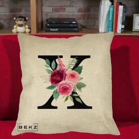 Cadou Personalizat - Perna Personalizata Monograma Florala Litera X cu Buchet, 40x40 cm, Crem, Husa Detasabila, Perna Inclusa, BEKZ®