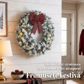 HOMCOM Coroniță de Crăciun 60 cm cu Lumini LED, Fundă în Carouri, Conuri de Pin și Bobițe, Verde | Aosom Romania
