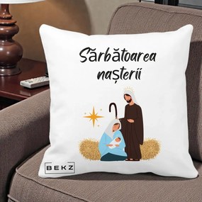 Perna Decorativa Nasterea Domnului Sfanta Familie Sarbatoarea Nasterii, 40x40 cm, Alba Mata, Husa Detasabila, Perna Inclusa, BEKZ®
