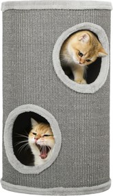 PawHut Cilindru de zgâriat, înălțime 60 cm Ø 35 cm, model cu două nivele și 2 bârloguri, margine din pluș, pentru 1-2 pisici până la 5 kg, gri deschis | Aosom Romania