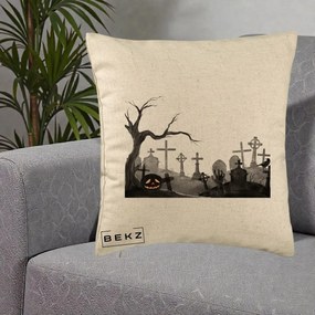 Perna Decorativa Halloween Cimitir Acuarela cu Dovleac, 40x40 cm, Bej, Husa Detasabila, Perna Inclusa, BEKZ®