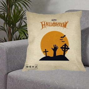 Perna Decorativa Happy Halloween Cimitir cu Luna, 40x40 cm, Crem, Husa Detasabila, Perna Inclusa, BEKZ®