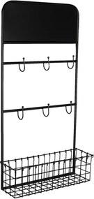 Etajeră cu cuier de perete, din metal, negru, cu 6 agățători și coș din sârmă, 75 x 39 x 12 cm, „Virelle”