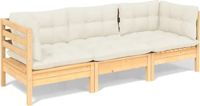 vidaXL Canapea de grădină cu 3 locuri, cu perne crem, lemn masiv pin