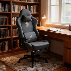 DOWINX 68A - Scaun Gaming Ergonomic, Extra-Lat și Construcție Heavy-Duty, Masaj in perna lombara, Material Textil respirabil, Suport picioare, Roti Silicon, Rezistent 150 kg, Gri Inchis