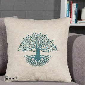 Perna Decorativa Copacul Vietii Teal cu Radacini, 40x40 cm, Bej Canapea, Husa Detasabila, Perna Inclusa, BEKZ®