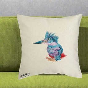 Perna Decorativa Pasare Martin Pescar Acuarela Albastru-Mov, 40x40 cm, Ecru, Husa Detasabila, Perna Inclusa, BEKZ®