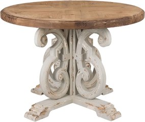 Masă dining rotundă din lemn, natur, 4–5 locuri, cu picior central în volute, finisaj antichizat, 85 x 120 cm, „Aimée”