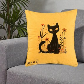 Perna Decorativa Pisica Neagra Flori Pastel Folk, 40x40 cm, Galben, Husa Detasabila, Perna Inclusa, BEKZ®