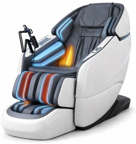 Fotoliu de masaj ZEENA INFINITY PRO, AI voce, Incalzire, Bluetooth, Zero Gravity SL-Track Shiatsu, Joystick și suport pentru telefon, Controler rapid cotiera, 2 Boxe, Moduri Automate, Suport Picioare extensibil, Piele PU Premium, Alb/Gri