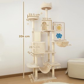 PawHut Ansamblu de Zgâriat pentru Pisici, 206 cm, cu Stâlpi din Sisal, Peșteri și Hamace, Bej | Aosom Romania