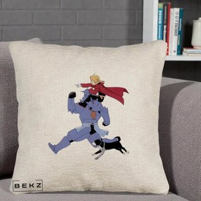 Perna Personalizata Fullmetal Alchemist Edward si Alphonse, 40x40 cm, Bej Canapea, Husa Detasabila, Perna Inclusa, BEKZ®