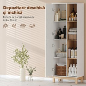HOMCOM Dulap de Baie Înalt, Dulap Salvaspațiu cu 2 Uși și 4 Rafturi Deschise, Rafturi Reglabile, pentru Spălătorie, 62.5x35x176 cm, Alb | Aosom Romania