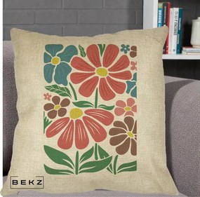 Perna Decorativa Flori Grafice Colorate Retro, 40x40 cm, Crem, Husa Detasabila, Perna Inclusa, BEKZ®