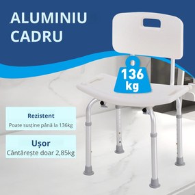 HOMCOM Scaun de Duș Antiderapant cu Spătar și Înălțime Reglabilă pe 8 Poziții, 50,6x43x71-88 cm, Alb | Aosom Romania
