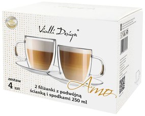 Set 2 pahare din sticlă cu perete dublu și farfurioară Vialli Design, 250 ml