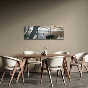Tablou cu barca pe lac (cu ceas) (90x30 cm)