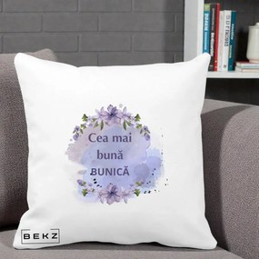 Cadou pentru Bunica - Perna Personalizata Cea Mai Buna Bunica Flori Mov Acuarela Negru, 40x40 cm, Alba Mata, Husa Detasabila, Perna Inclusa, BEKZ®
