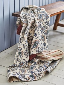 Pătură din bumbac reciclat, natur, cu model botanic în stil vintage, cu ciucuri maro, „Paisley", 160 x 130 cm