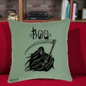 Perna Decorativa Halloween Boo Grim Reaper cu Coasa, 40x40 cm, Verde, Husa Detasabila, Perna Inclusa, BEKZ®