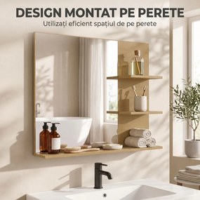 Kleankin Oglindă de baie cu 3 rafturi pentru depozitare și machiaj, stejar | Aosom Romania