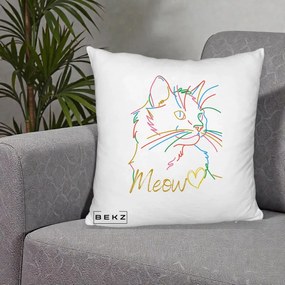 Perna Personalizata Pisica Meow Arta Linie Colorata, 40x40 cm, Alb Pufos, Husa Detasabila, Perna Inclusa, BEKZ®
