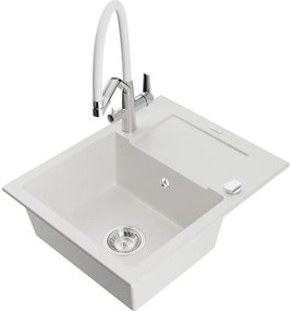 Mexen Enzo chiuvetă de granit cu un compartiment, cu picurător și baterie de bucătărie Duo, Albă - 6506-20-671701-02