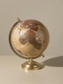 Glob pământesc decorativ din hârtie și metal, natur și maro, hartă în tonuri calde, bază aurie profilată, finisaj lucios, 28 x 20 cm, „Atlas”