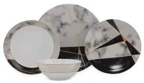 Set de masă, 24 piese, porțelan, negru/alb/auriu