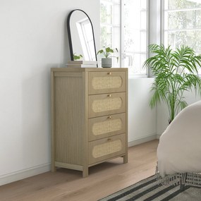 HOMCOM Comodă 4 sertare mobilier de depozitare stil boemian cu uși din răchită, 70 x 38 x 93 cm, efect lemn natural | Aosom Romania
