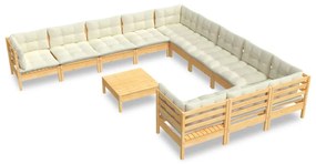 Set mobilier gradina cu perne crem, 12 piese, lemn de pin maro si crem, 1