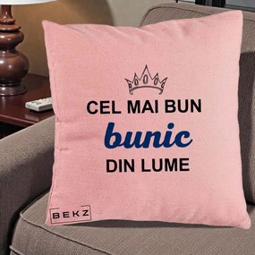 Cadou pentru Bunic - Perna Personalizata Cel Mai Bun Bunic Din Lume Coroana Albastra, 40x40 cm, Roz, Husa Detasabila, Perna Inclusa, BEKZ®