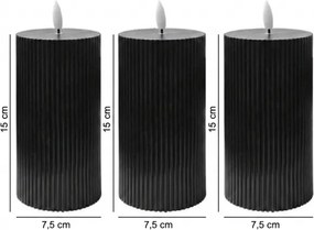 Set 3 lumânări LED BRILLO, 15 cm, negre, alimentare 2x AA, cu telecomandă