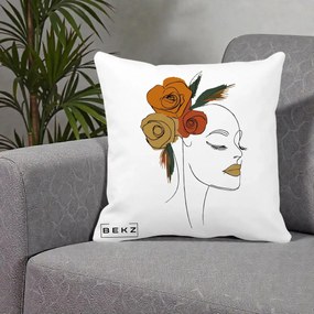 Perna Decorativa Portret Feminin Trandafiri Ruginii, 40x40 cm, Alba Mata, Husa Detasabila, Perna Inclusa, BEKZ®
