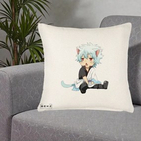 Perna Personalizata Gintama Gintoki Chibi Pisica, 40x40 cm, Crem Reliefat, Husa Detasabila, Perna Inclusa, BEKZ®