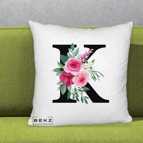 Cadou Personalizat - Perna Personalizata Monograma Florala Litera K, 40x40 cm, Alb Pufos, Husa Detasabila, Perna Inclusa, BEKZ®