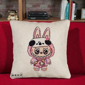 Perna Personalizata Labubu Panda-Bunny Roz, 40x40 cm, Bej Canapea, Husa Detasabila, Perna Inclusa, BEKZ®