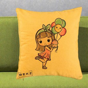 Perna Decorativa Fetita Kawaii cu Baloane si Cupcake, 40x40 cm, Galben, Husa Detasabila, Perna Inclusa, BEKZ®