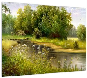Tablou pe sticlă - Râu lângă pădure, pictură în ulei (70x50 cm)